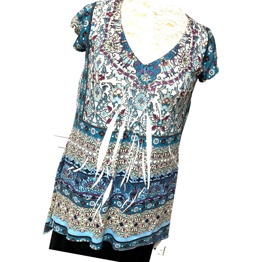 One World Tunic Top V-Neck Blue‎ Abstract Rhinestone Stretch Casual Womens XL